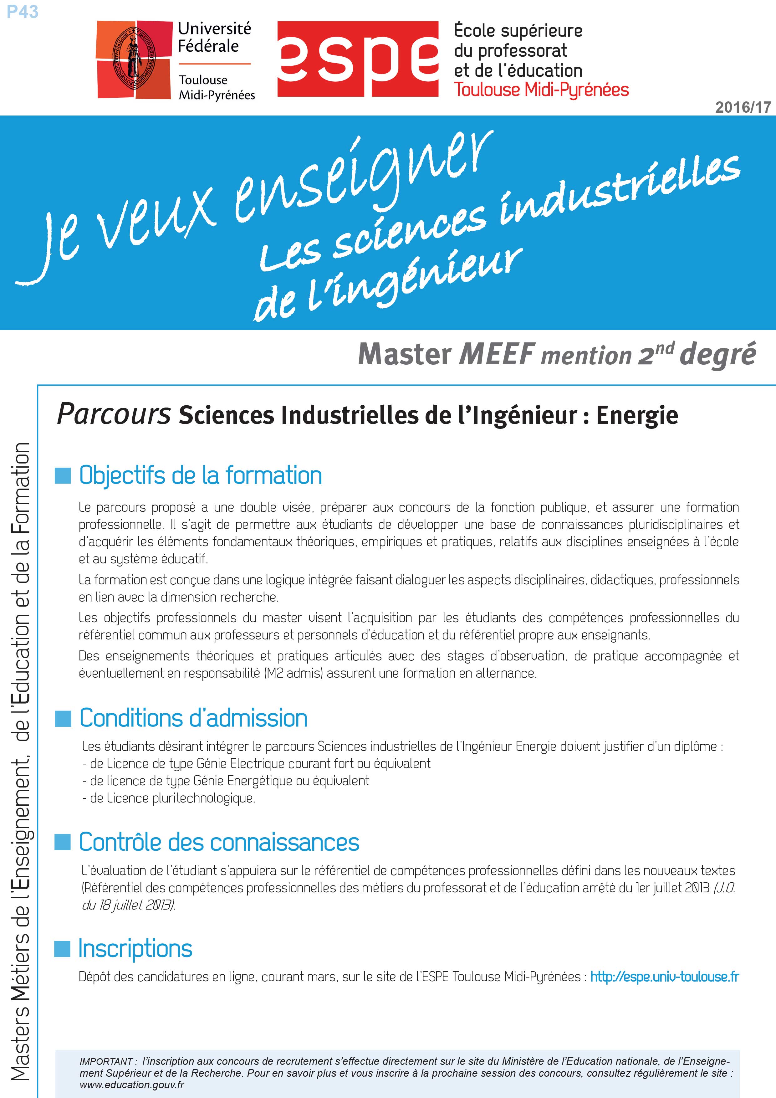 Master MEEF Sciences industrielles de l'ingénieur : Energie