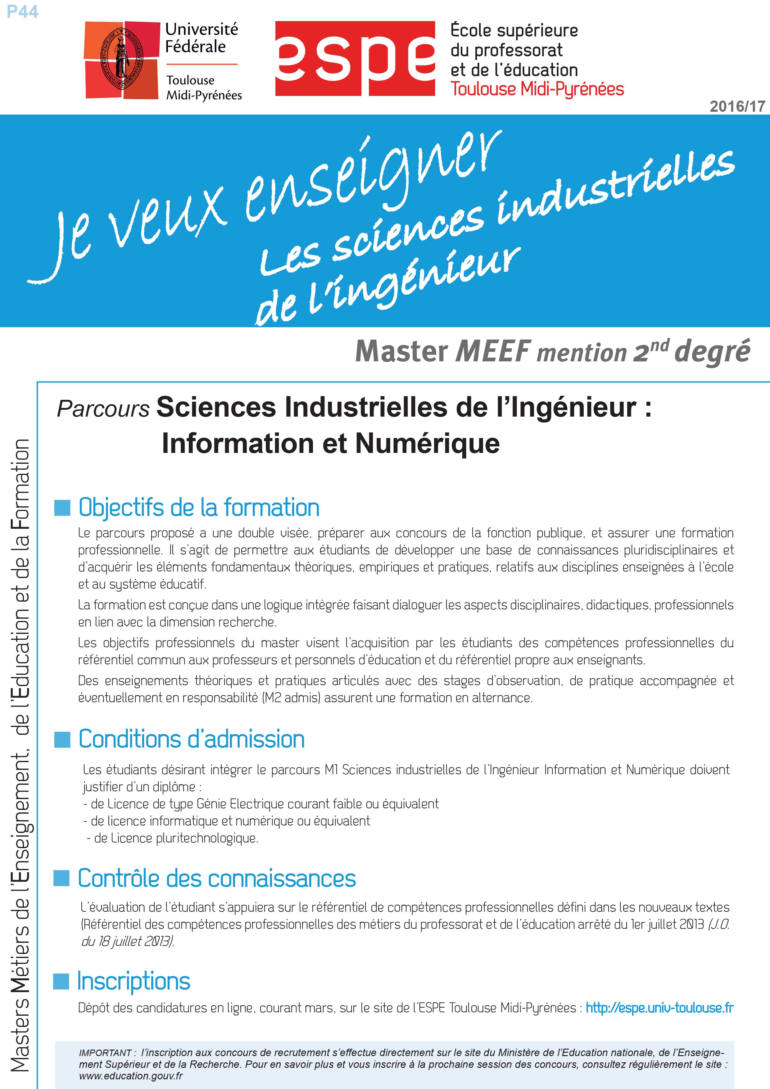 Master MEEF Sciences industrielles de l'ingénieur : Information et Numérique