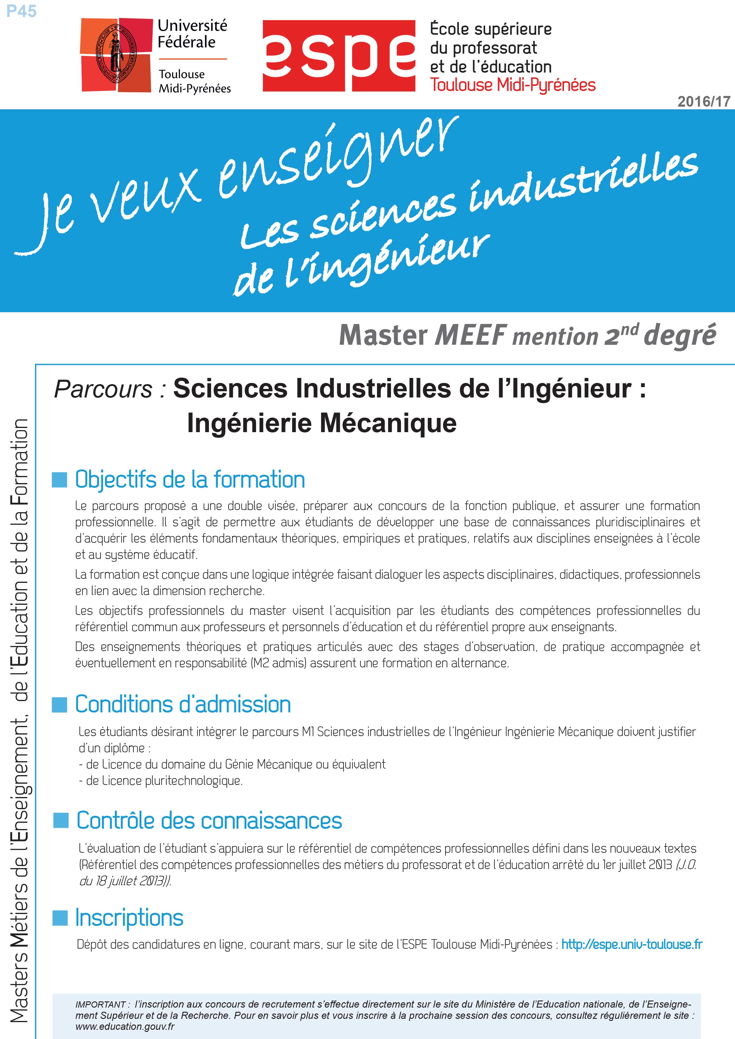 Master MEEF Sciences industrielles de l'ingénieur : Ingénierie Mécanique